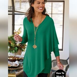 Soft Surroundings Emerald Green V-Neck Draped Tunic Size Large Spring Flowy